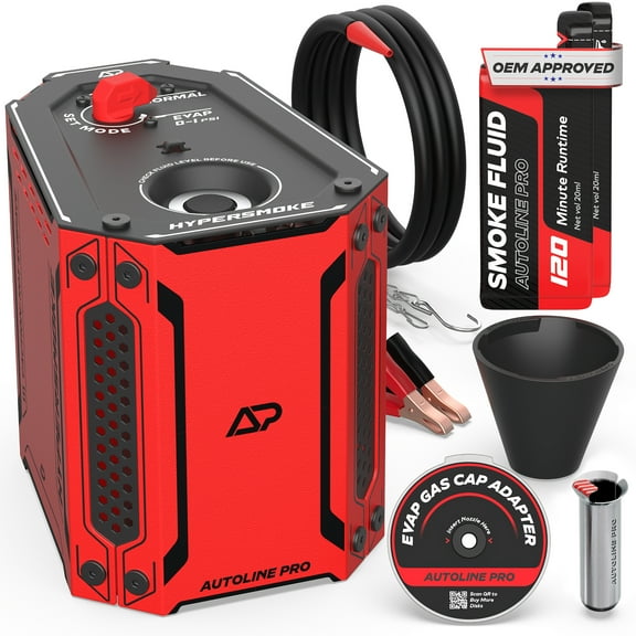 AutoLine Pro HyperSmoke™ Automotive Smoke Machine EVAP Vacuum Leak Tester – Adjustable Pressure – OEM Approved Smoke Fluid – Built-in Air Compressor Motor – Includes Cone and Gas Cap EVAP Adapter