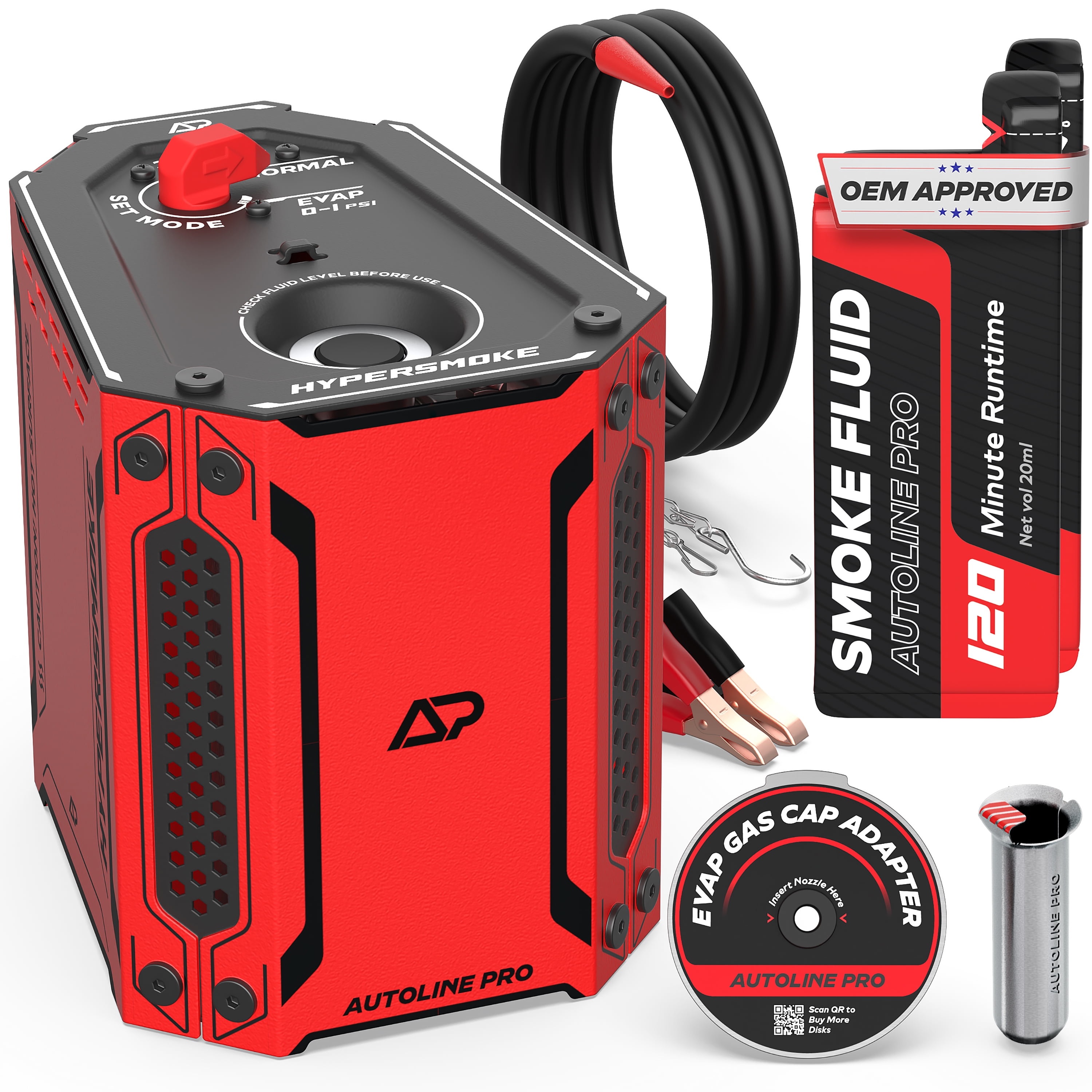 AutoLine Pro HyperSmoke™ Automotive Smoke Machine EVAP Vacuum Leak Tester – Adjustable Pressure – OEM Approved Smoke Fluid – Built-in Air Compressor Motor – Includes Gas Cap Adapter for EVAP Leaks.
