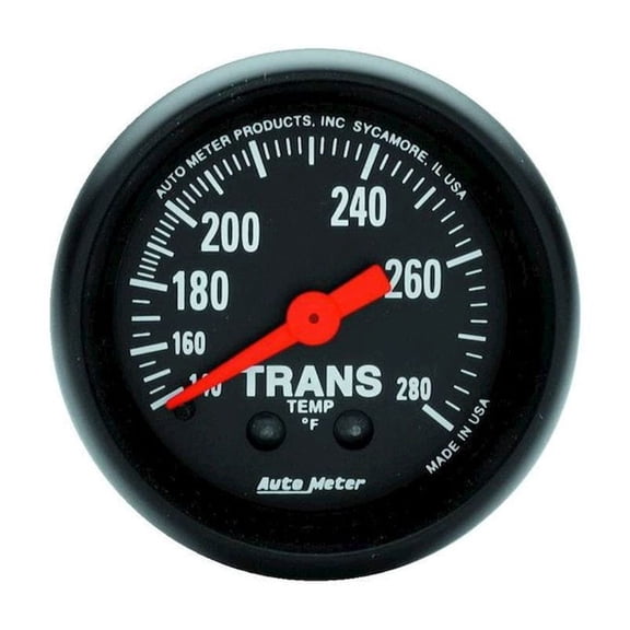 AutoMeter 2615 Z-Series Mechanical Transmission Temperature Gauge; 2-1/16 in.; Black Dial Face; Fluorescent Red Pointer; White Incandescent Lighting; Mechanical; 140-280 Degree F;