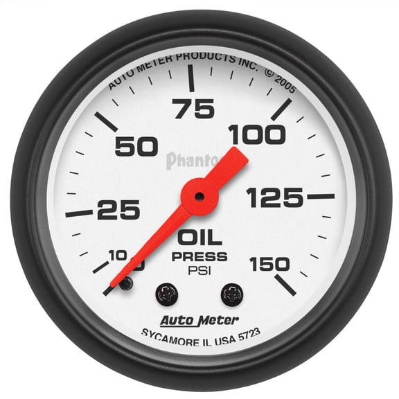 AutoMeter 5723 Phantom Mechanical Oil Pressure Gauge; 2-1/16 in.; White Dial Face; Fluorescent Red Pointer; White Incandescent Lighting; Mechanical; 0-150 PSI;