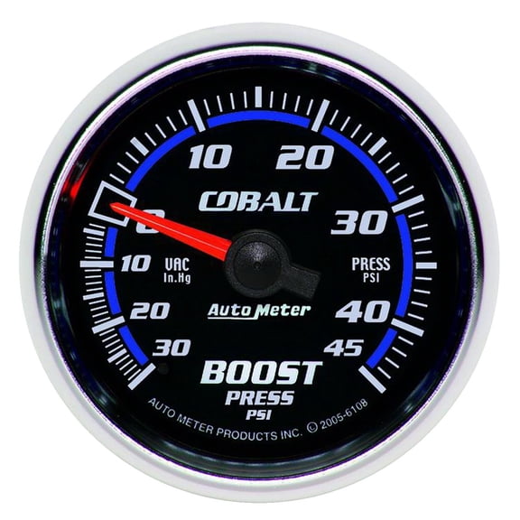 AutoMeter 6108 Cobalt Mechanical Boost/Vacuum Gauge; 2-1/16 in.; Black Dial Face; Fluorescent Red Pointer; Blue LED Lighting; Mechanical; 30 IN HG/45 PSI;