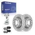 thumbnail image 1 of AutoShack Rear Solid Drilled & Slotted Silver Zinc Coated Brake Rotors + Ceramic Pads + Calipers 8-PC Brake Kit Replacement for 2005-2009 Volkswagen Jetta SilverShield Pro 11.09" (281.8 mm), 1 of 5