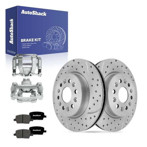 AutoShack Rear Brake Rotors, Premium Pads & Calipers for GMC, Acadia 2017-2020, 4WD FWD L4 2.0L 2.5L V6 3.6L - Silver Zinc Coated Drilled & Slotted - SilverShield Pro - 12.4" (315 mm), 6+6-Lug