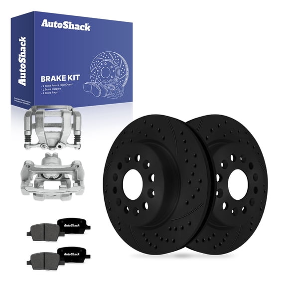 AutoShack Rear Brake Rotors, Premium Pads & Calipers for GMC, Acadia 2017-2020, 4WD FWD L4 2.0L 2.5L V6 3.6L - E-Coated Drilled & Slotted - Black Finish - NightGuard - 12.4" (315 mm), 6+6-Lug