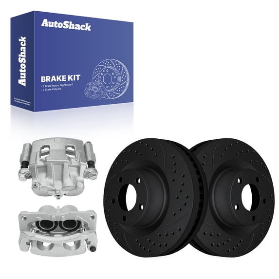 AutoShack Front Brake Rotors & Calipers for Ford & Lincoln, Edge 2011-2014 MKX 2011-2012, AWD FWD L4 2.0L V6 3.5L 3.7L - E-Coated Drilled & Slotted - Black Finish - NightGuard - 12.6" (320 mm), 5-Lug