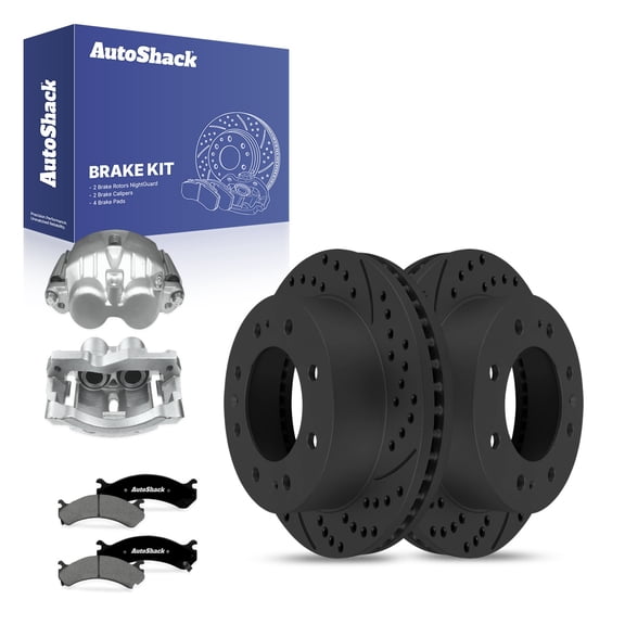 AutoShack Front Brake Rotors, Premium Pads & Calipers for Chevrolet, Express 3500 2006-2017 - E-Coated Drilled & Slotted - Black Finish - NightGuard - 12.79" (324.8 mm), 8-Lug