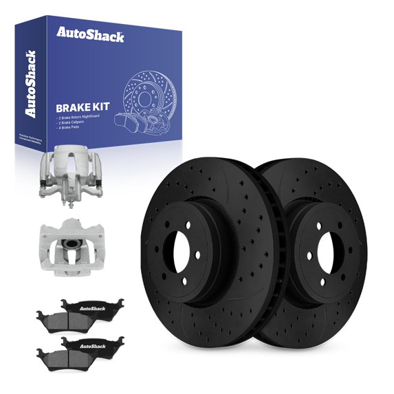 AutoShack Rear Brake Rotors, Ceramic Pads & Calipers for Ford, F-150 2012-2016, 2018 - E-Coated Drilled & Slotted - Black Finish - NightGuard - 13.69" (347.8 mm), 6-Lug