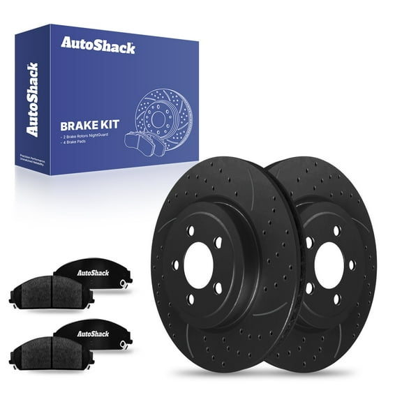 AutoShack 13.57" (344.8 mm) Front Vented Drilled & Slotted Brake Rotors E-Coated + Ceramic Brake Pads | Replacement for 2006-2023 Dodge Charger | Black Finish | 6-PC Brake Kit | NightGuard