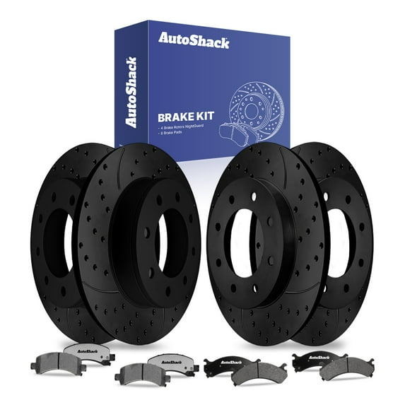 AutoShack Front Vented & Rear Vented Drilled & Slotted E-Coated Brake Rotors Black Finish + Ceramic Pads 12-PC Brake Kit Replacement for 2003-2017 Chevrolet Express 2500 NightGuard
