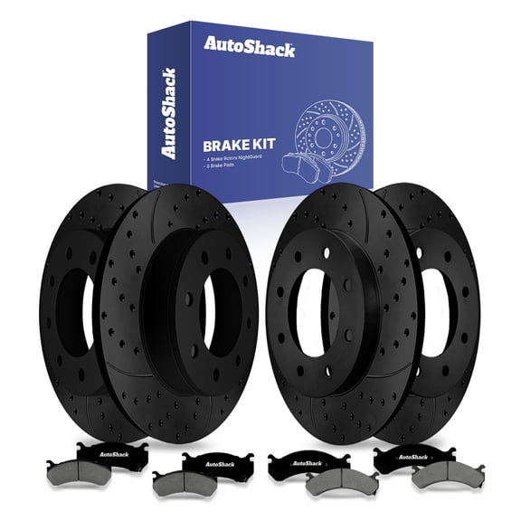 AutoShack Front & Rear Brake Rotors & Premium Pads for Chevrolet & Hummer, Silverado 2500 1999-2004 H2 2003-2009, 4WD RWD V8 5.3L 6.0L 6.2L - E-Coated Drilled & Slotted - Black Finish - NightGuard