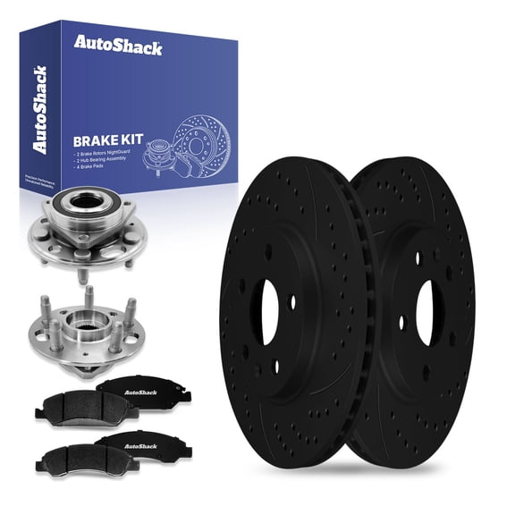 AutoShack Front Drilled & Slotted Brake Rotors Ceramic Brake Pads Wheel Bearing Hub Assembly | Replacement for 2013-2016 Cadillac XTS 3.6L AWD FWD | Black E-Coated | 8-PCBrake Kit| NightGuard