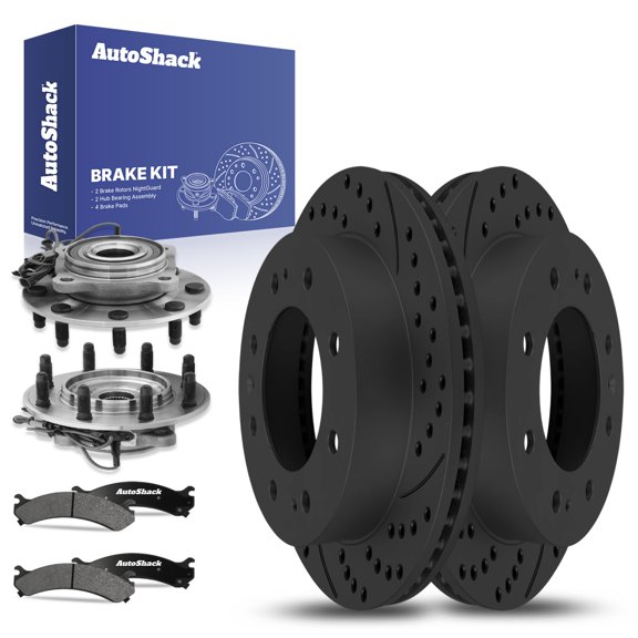 AutoShack Front Drilled & Slotted Brake Rotors Ceramic Brake Pads Wheel Bearing Hub Assembly | Replacement for Chevrolet Silverado 2500 HD 4WD RWD | Black E-Coated | 8-PCBrake Kit| NightGuard