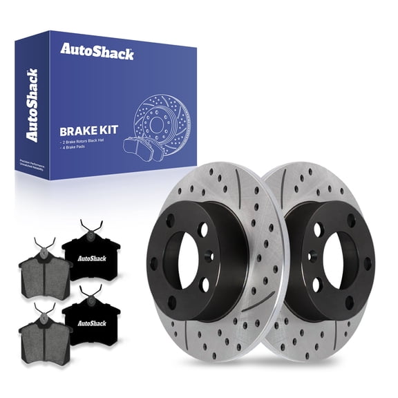 AutoShack Rear Solid Drilled & Slotted E-Coated Brake Rotors + Premium Ceramic Pads 6-PC Brake Kit Replacement for 1998-2010 Volkswagen Beetle 2000-2006 Audi TT ShadowGuard 9.12" (231.7 mm)