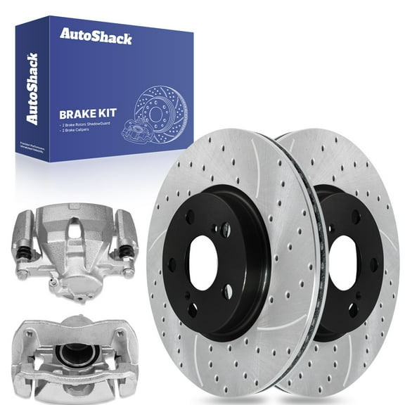 AutoShack Front Drilled & Slotted Brake Rotors Calipers | Replacement for Pontiac Vibe 2009-2014 Toyota Matrix 2009-2019 Corolla 2008-2014 Scion xD FWD | E-Coated | 4-PC Brake Kit | ShadowGuard