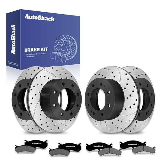 AutoShack Front Vented & Rear Vented Drilled & Slotted E-Coated Brake Rotors + Premium Ceramic Pads 12-PC Brake Kit Replacement for 2001-2010 Chevrolet Silverado 2500 HD ShadowGuard