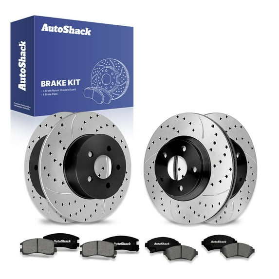 AutoShack Front & Rear Brake Rotors & Premium Pads for Chevrolet, Impala 2000-2005 Monte Carlo 2000-2005, FWD V6 3.4L 3.8L - E-Coated Drilled & Slotted - ShadowGuard