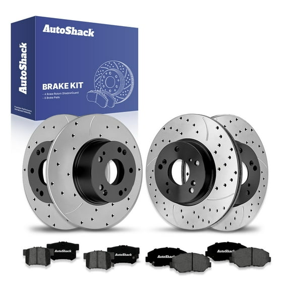 AutoShack Front & Rear Brake Rotors & Premium Pads for Honda, Accord 2003-2007, FWD L4 2.4L - E-Coated Drilled & Slotted - ShadowGuard