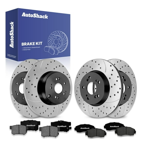 AutoShack Front Vented & Rear Solid Drilled & Slotted E-Coated Brake Rotors + Premium Ceramic Pads 12-PC Brake Kit Replacement for 2007-2011 Honda CR-V 2010-2012 Acura RDX ShadowGuard