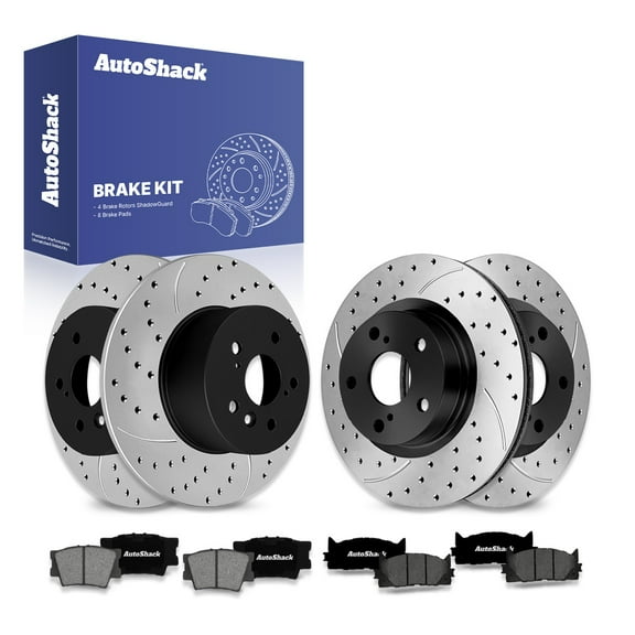 AutoShack Front & Rear Drilled & Slotted Brake Rotors Premium Ceramic Brake Pads | Replacement for Toyota Avalon 2007-2011 Camry 2007-2010 Lexus ES350 | E-Coated | 12-PC Brake Kit | ShadowGuard