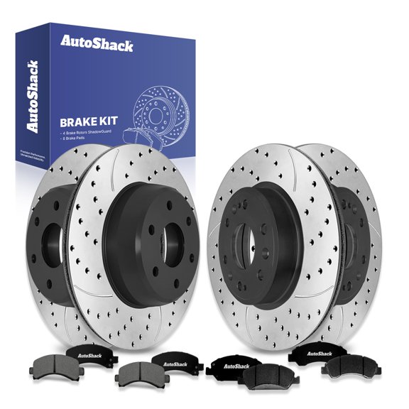 AutoShack Front & Rear Drilled & Slotted Brake Rotors Premium Ceramic Brake Pads | Replacement for GMC Savana 1500 2009-2014 Chevrolet Express 1500 RWD | E-Coated | 12-PC Brake Kit | ShadowGuard