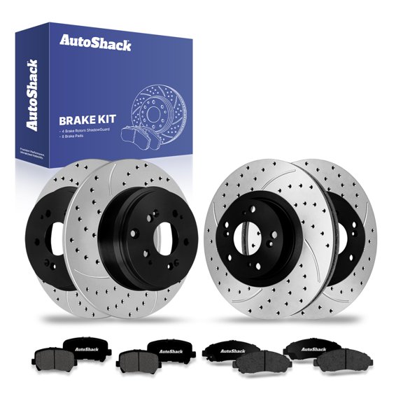 AutoShack Front & Rear Brake Rotors & Premium Pads for Honda & Acura, Pilot 2009-2015 MDX 2007-2013 ZDX 2010-2013, AWD FWD V6 3.5L 3.7L - E-Coated Drilled & Slotted - ShadowGuard