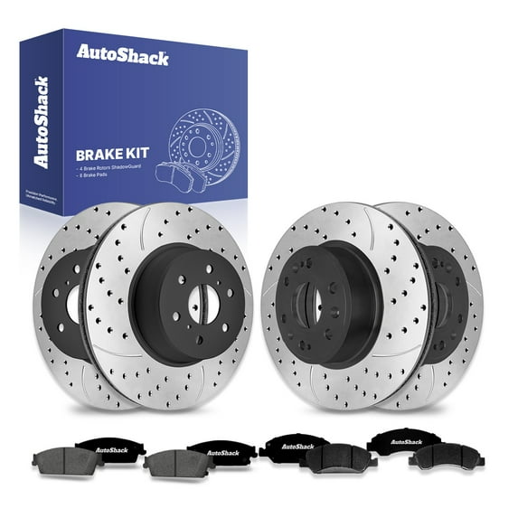 AutoShack Front & Rear Brake Rotors & Premium Pads for Chevrolet & GMC, Silverado 1500 2007-2013 Sierra 1500 2007-2013, 4WD RWD AWD V8 4.8L 5.3L 6.0L 6.2L - E-Coated Drilled & Slotted - ShadowGuard