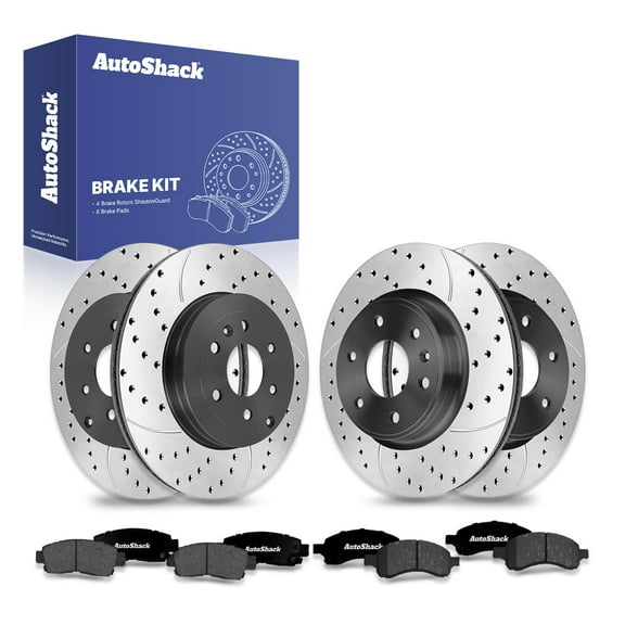 AutoShack Front & Rear Drilled & Slotted Brake Rotors Premium Ceramic Brake Pads | Replacement for Chevrolet Traverse GMC Acadia Buick Enclave AWD FWD | E-Coated | 12-PC Brake Kit | ShadowGuard