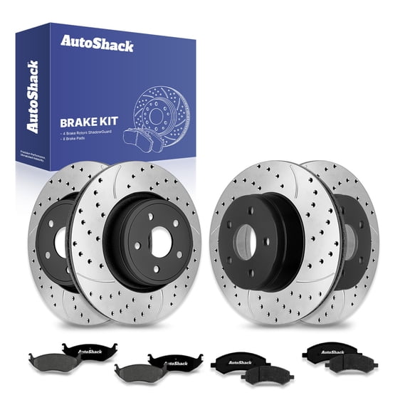 AutoShack Front & Rear Drilled & Slotted Brake Rotors Premium Ceramic Brake Pads | Replacement for Dodge Durango Chrysler Aspen 2006-2018 Ram 1500 4WD | E-Coated | 12-PC Brake Kit | ShadowGuard