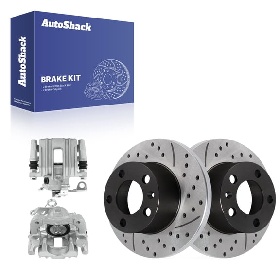 AutoShack Rear Solid Drilled & Slotted E-Coated Brake Rotors + Calipers 4-PC Brake Kit Replacement for 2000-2010 Volkswagen Beetle 2000-2006 Audi TT 1999-2003 Audi A3 ShadowGuard 9.12" (231.7 mm)