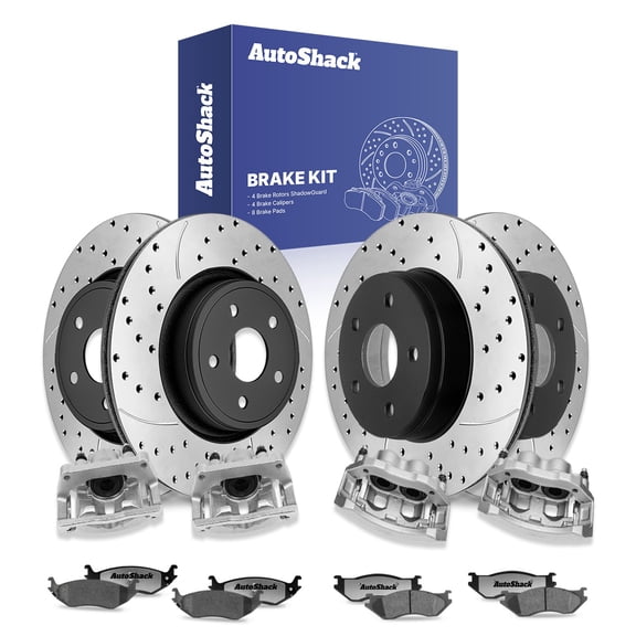 AutoShack Front & Rear Brake Rotors, Ceramic Pads & Calipers for Dodge, Ram 1500 2002-2004 Durango 2004, 4WD RWD V6 3.7L V8 4.7L 5.7L 5.9L - E-Coated Drilled & Slotted - ShadowGuard