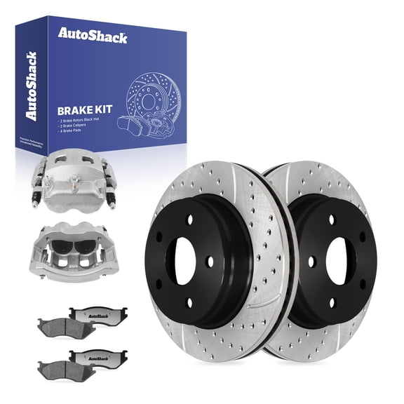 AutoShack Front Brake Rotors, Ceramic Pads & Calipers for Dodge, Ram 1500 2002-2005, 4WD RWD V6 3.7L V8 4.7L 5.7L 5.9L - E-Coated Drilled & Slotted - ShadowGuard - 13.22" (335.9 mm), 5-Lug