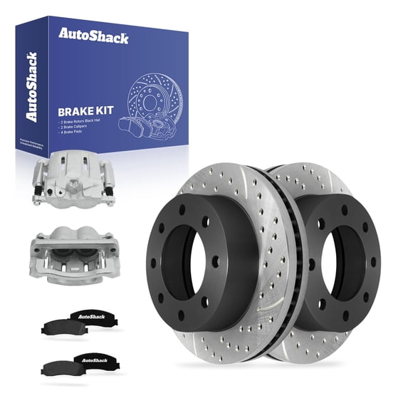 AutoShack Front Brake Rotors, Ceramic Pads & Calipers for Ford, F-350 Super Duty 2011-2012, 4WD V8 6.2L 6.7L - E-Coated Drilled & Slotted - ShadowGuard - 13.65" (346.8 mm), 8-Lug