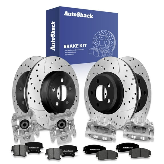 AutoShack Front Vented & Rear Vented Drilled & Slotted E-Coated Brake Rotors + Ceramic Pads + Calipers 16-PC Brake Kit Replacement for 2012-2013 Dodge Charger ShadowGuard