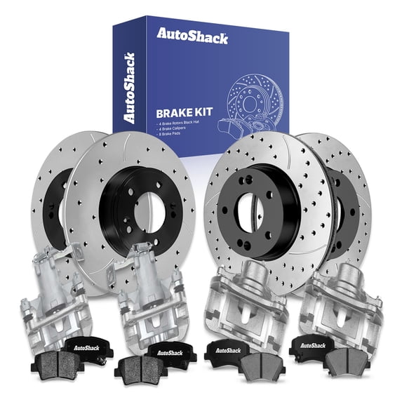 AutoShack Front & Rear Brake Rotors, Ceramic Pads & Calipers for Hyundai, Veloster 2016-2017 Elantra GT 2017, FWD L4 1.6L 2.0L - E-Coated Drilled & Slotted - ShadowGuard