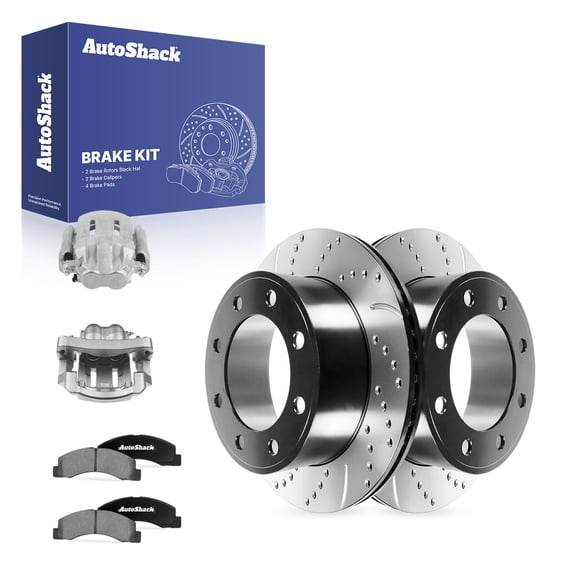 AutoShack Front Brake Rotors, Ceramic Pads & Calipers for Ford, F-250 Super Duty 1999-2004, 4WD V8 5.4L 6.0L 7.3L V10 6.8L - E-Coated Drilled & Slotted - ShadowGuard - 13.02" (330.7 mm), 8-Lug