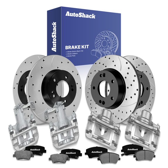 AutoShack Front Vented & Rear Solid Drilled & Slotted E-Coated Brake Rotors + Ceramic Pads + Calipers 16-PC Brake Kit Replacement for 2014-2016 Kia Forte 2012-2015 Hyundai Veloster ShadowGuard