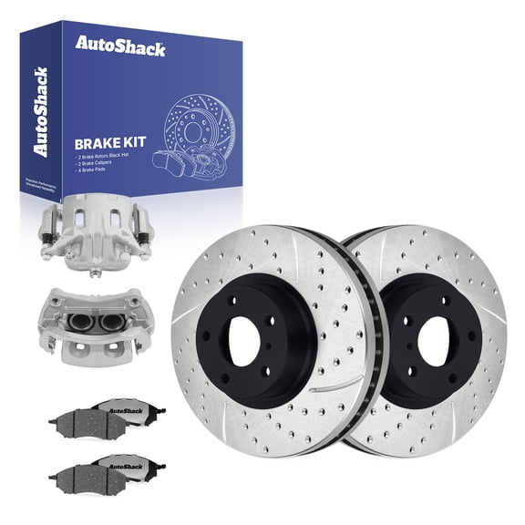 AutoShack Front Brake Rotors, Ceramic Pads & Calipers for INFINITI, G37 2009-2013, AWD RWD V6 3.7L - E-Coated Drilled & Slotted - ShadowGuard - 12.54" (318.6 mm), 5-Lug