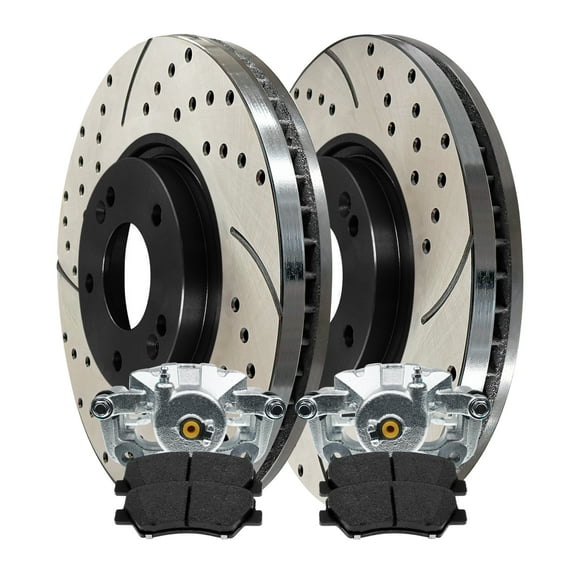 AutoShack Front Drilled & Slotted Brake Rotors Ceramic Brake Pads Calipers | Replacement for Kia Forte Koup 2015-2016 Forte5 2014 2016 Hyundai Veloster | E-Coated | 8-PC Brake Kit | ShadowGuard
