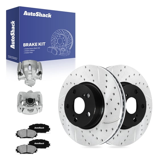 AutoShack Front Brake Rotors, Ceramic Pads & Calipers for Toyota, Corolla 2009-2019 Matrix 2009-2014, FWD L4 1.8L 2.4L - E-Coated Drilled & Slotted - ShadowGuard - 10.83" (275 mm), 5-Lug