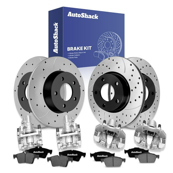 AutoShack Front & Rear Drilled & Slotted Brake Rotors Ceramic Brake Pads Calipers | Replacement for 2005 2006 2008 2009 Mazda 3 2009 Mazda 3 Sport FWD | E-Coated | 16-PC Brake Kit | ShadowGuard
