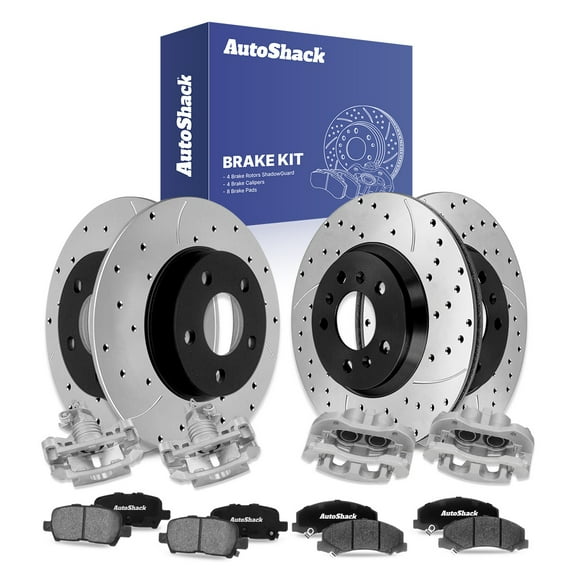 AutoShack Front Vented & Rear Solid Drilled & Slotted E-Coated Brake Rotors + Ceramic Pads + Calipers 16-PC Brake Kit Replacement for 2011-2013 Chevrolet Impala ShadowGuard