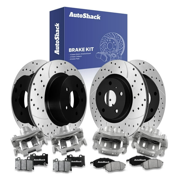 AutoShack Front & Rear Drilled & Slotted Brake Rotors Ceramic Brake Pads Calipers | Replacement for 2013 INFINITI M37 M56 2019 Q70 3.7L 5.6L V6 AWD RWD | E-Coated | 16-PC Brake Kit | ShadowGuard