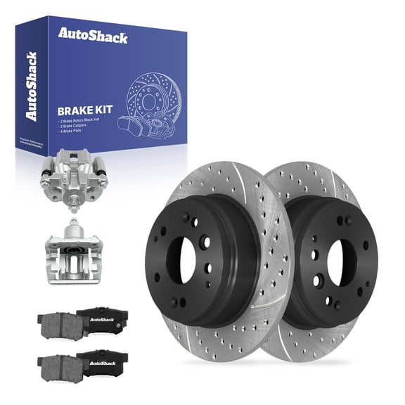 AutoShack Rear Brake Rotors, Ceramic Pads & Calipers for Honda & Acura, Element 2003-2011 TL 2004-2008, FWD 4WD L4 2.4L V6 3.2L 3.5L - E-Coated Drilled & Slotted - ShadowGuard - 11.1" (282 mm), 5-Lug