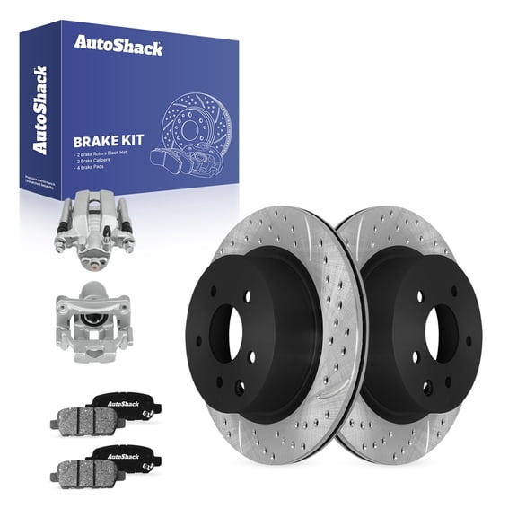 AutoShack Rear Brake Rotors, Ceramic Pads & Calipers for INFINITI, M35 2010 M45 2010, AWD RWD V6 3.5L V8 4.5L - E-Coated Drilled & Slotted - ShadowGuard - 12.11" (307.7 mm), 5-Lug