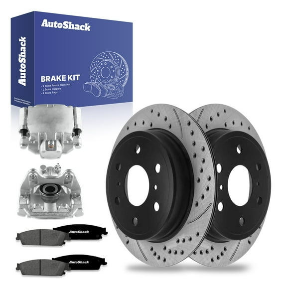 AutoShack Rear Drilled & Slotted Brake Rotors Ceramic Brake Pads Calipers | Replacement for Chevrolet Silverado 1500 Tahoe Suburban 1500 GMC Sierra 1500 | E-Coated | 8-PC Brake Kit | ShadowGuard