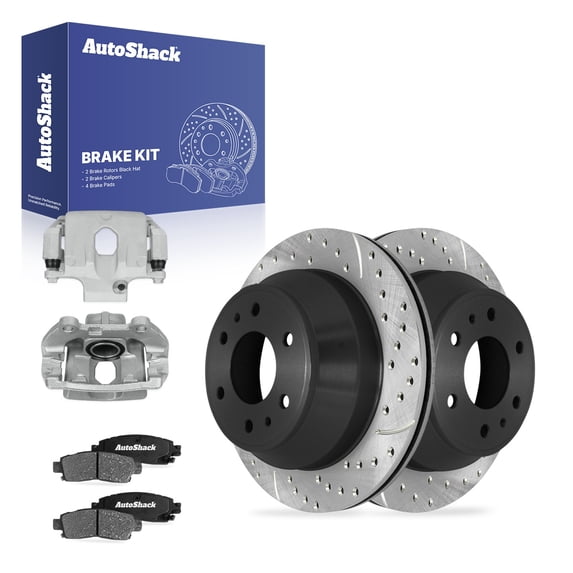 AutoShack Rear Brake Rotors, Ceramic Pads & Calipers for Chevrolet, Trailblazer 2002-2009, 4WD AWD RWD L6 4.2L V8 5.3L 6.0L - E-Coated Drilled & Slotted - ShadowGuard - 12.8" (325 mm), 6-Lug