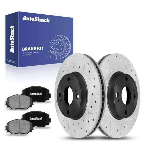 AutoShack 10.04" (255 mm) Front Vented Drilled & Slotted Brake Rotors E-Coated + Ceramic Brake Pads | Replacement for 2006-2018 Toyota Yaris 2012-2021 Toyota Prius C | 6-PC Brake Kit | ShadowGuard