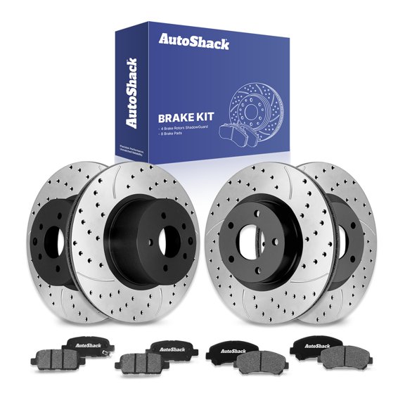 AutoShack Front & Rear Brake Rotors & Ceramic Pads for Nissan, Rogue 2008-2013 Rogue Select 2014-2015, AWD FWD L4 2.5L - E-Coated Drilled & Slotted - ShadowGuard