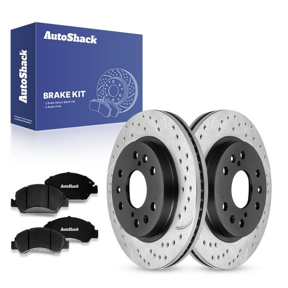 AutoShack 12.98" (329.7 mm) Front Vented Drilled & Slotted Brake Rotors E-Coated + Ceramic Brake Pads | Replacement for 2005-2018 Chevrolet Silverado 1500 | 6-PC Brake Kit | ShadowGuard