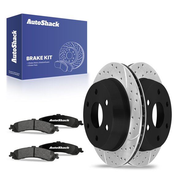 AutoShack Rear Drilled & Slotted Brake Rotors Ceramic Brake Pads | Replacement for GMC Sierra 1500 Yukon XL 1500 Chevrolet Suburban 1500 Tahoe 4WD RWD | E-Coated | 6-PC Brake Kit | ShadowGuard
